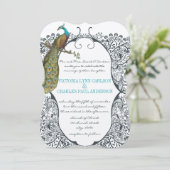 Navy Whimsical Peacock Love Bird Pattern Weddensch Kaart (Staand voorkant)