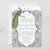 Navy Whimsical Peacock Love Bird Pattern Weddensch Kaart (Voorkant)