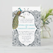 Navy Whimsical Peacock Love Bird Pattern Weddensch Kaart (Staand voorkant)