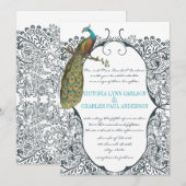 Navy Whimsical Peacock Love Bird Pattern Weddensch Kaart (Voorkant / Achterkant)