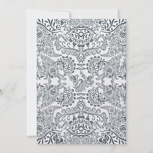 Navy Whimsical Peacock Love Bird Pattern Weddensch Kaart (Achterkant)