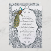 Navy Whimsical Peacock Love Bird Pattern Weddensch Kaart (Voorkant / Achterkant)