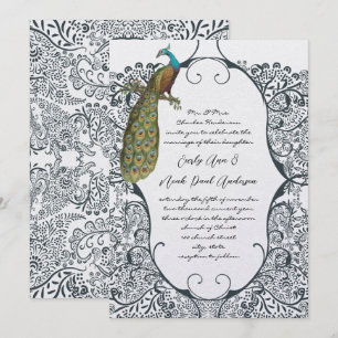Navy Whimsical Peacock Love Bird Pattern Weddensch Kaart