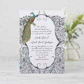 Navy Whimsical Peacock Love Bird Pattern Weddensch Kaart (Staand voorkant)