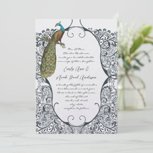 Navy Whimsical Peacock Love Bird Pattern Weddensch Kaart (Staand voorkant)