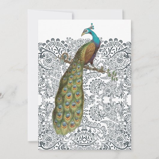 Navy Whimsical Peacock Love Bird Pattern Weddensch Kaart (Achterkant)