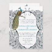 Navy Whimsical Peacock Love Bird Pattern Weddensch Kaart (Voorkant / Achterkant)