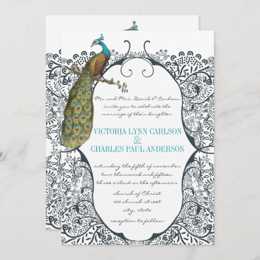 Navy Whimsical Peacock Love Bird Pattern Weddensch Kaart (Voorkant / Achterkant)