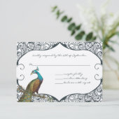 Navy Whimsical Peacock Love Bird RSVP (Staand voorkant)