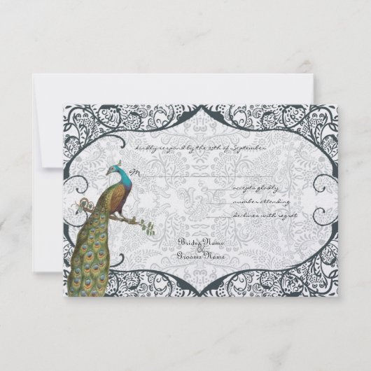 Navy Whimsical Peacock Love Bird RSVP (Voorkant)