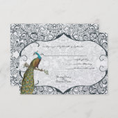Navy Whimsical Peacock Love Bird RSVP (Voorkant / Achterkant)