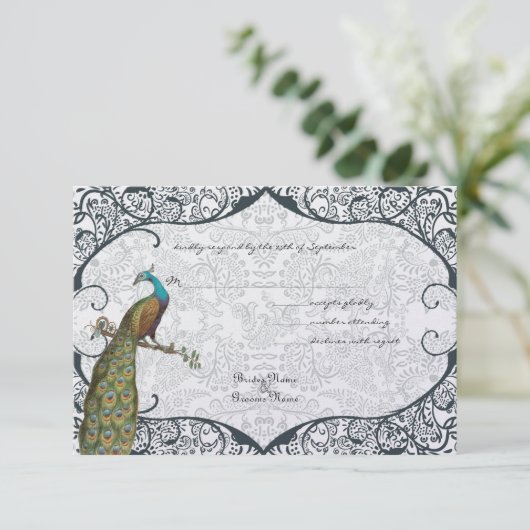 Navy Whimsical Peacock Love Bird RSVP (Staand voorkant)