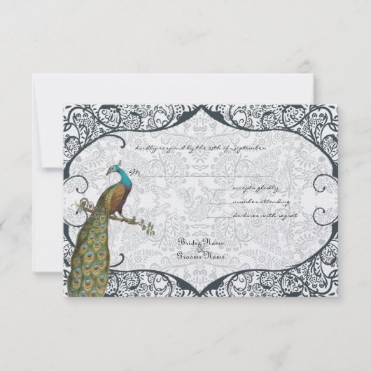 Navy Whimsical Peacock Love Bird RSVP Kaartje (Voorkant)
