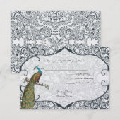 Navy Whimsical Peacock Love Bird RSVP Kaartje (Voorkant / Achterkant)