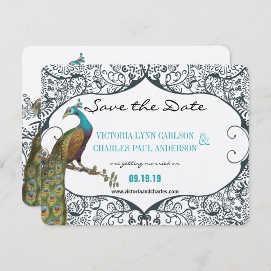 Navy Whimsical Peacock Love Bird Save the Date Kaart (Voorkant / Achterkant)