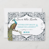 Navy Whimsical Peacock Love Bird Save the Date Kaart (Voorkant)