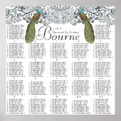 Navy Whimsical Peacock Love Bird Seating Chart Poster (Voorkant)