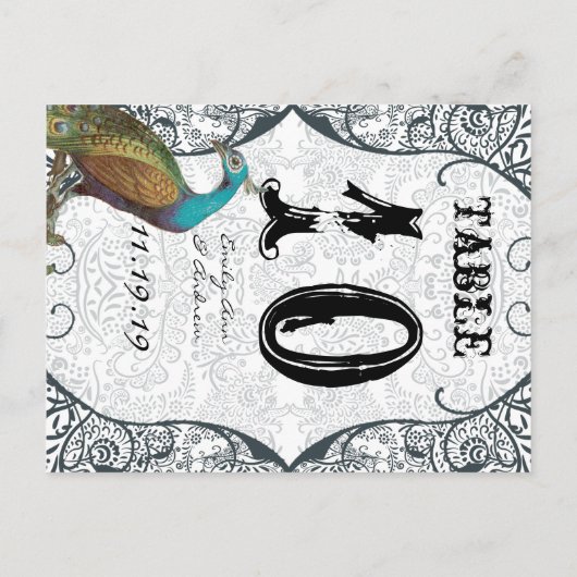Navy Whimsical Peacock Love Bird Table Number Briefkaart (Achterkant)