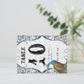 Navy Whimsical Peacock Love Bird Table Number Briefkaart (Staand voorkant)