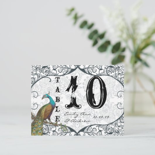 Navy Whimsical Peacock Love Bird Table Number Briefkaart (Staand voorkant)