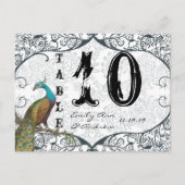 Navy Whimsical Peacock Love Bird Table Number Briefkaart (Voorkant)