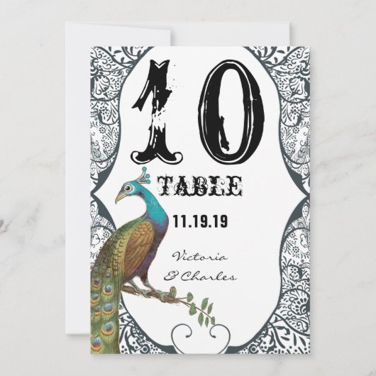 Navy Whimsical Peacock Love Bird Wedding Table No. Kaart (Voorkant)