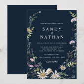 Navy Whimsical Wildflower Botanische bruiloft Kaart (Voorkant / Achterkant)