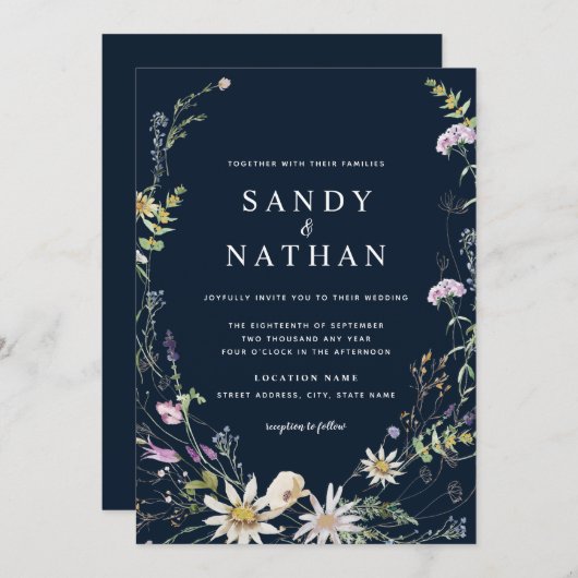 Navy Whimsical Wildflower Botanische bruiloft Kaart (Voorkant / Achterkant)