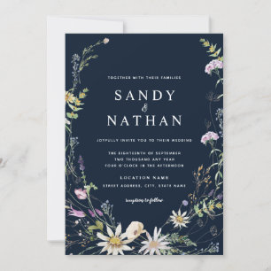 Navy Whimsical Wildflower Botanische bruiloft Kaart