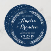 Navy Whimsical Winter Wreath Save the Date Kaart (Voorkant / Achterkant)