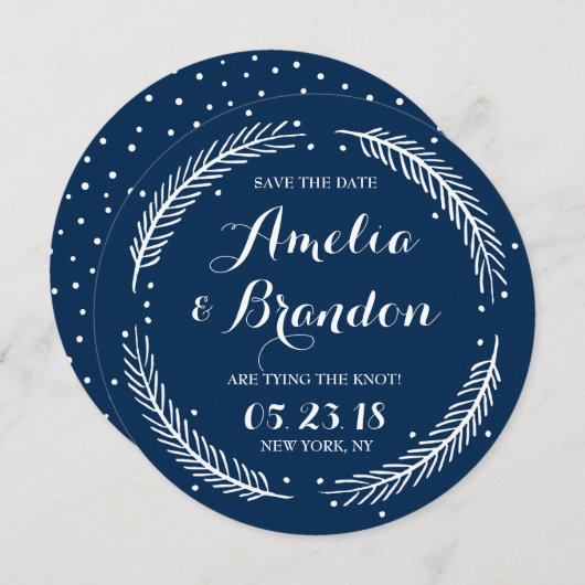 Navy Whimsical Winter Wreath Save the Date Kaart (Voorkant / Achterkant)