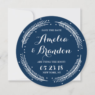 Navy Whimsical Winter Wreath Save the Date Kaart