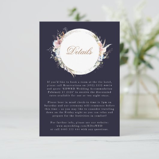 Navy Whimsical Wreath Bohemian Wedding Enclosure RSVP Kaartje (Staand voorkant)