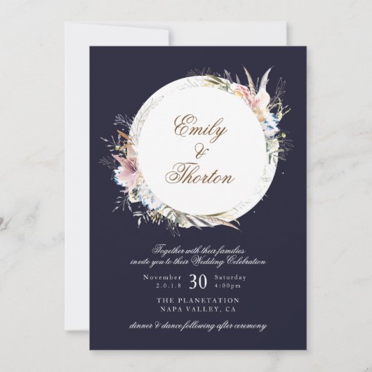 Navy Whimsical Wreath Bohemian Wedding Invitation Kaart (Voorkant)