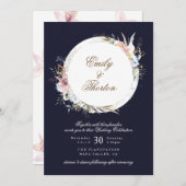 Navy Whimsical Wreath Bohemian Wedding Invitation Kaart (Voorkant / Achterkant)
