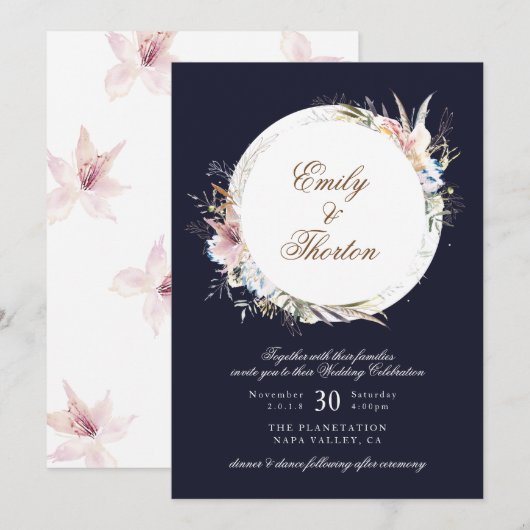 Navy Whimsical Wreath Bohemian Wedding Invitation Kaart (Voorkant / Achterkant)