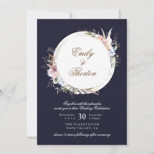 Navy Whimsical Wreath Bohemian Wedding Invitation Kaart