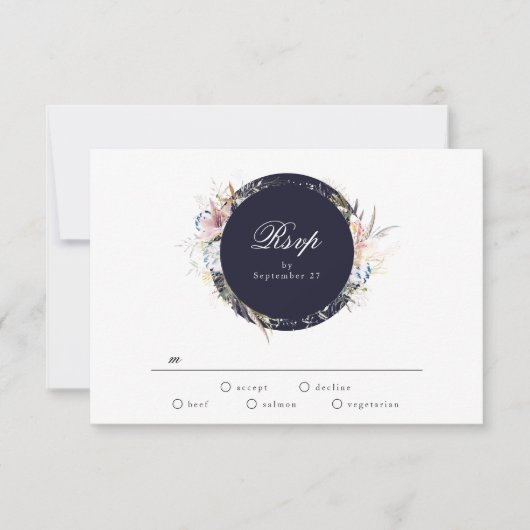 Navy Whimsical Wreath Bohemian Wedding RSVP-kaart RSVP Kaartje (Voorkant)