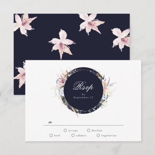 Navy Whimsical Wreath Bohemian Wedding RSVP-kaart RSVP Kaartje (Voorkant / Achterkant)