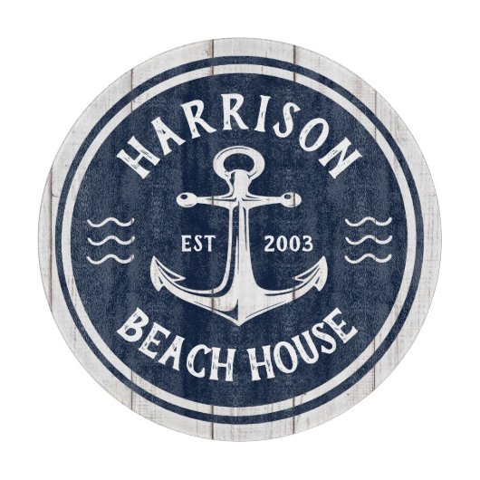 Navy White Anchor Nautical Family Name Beach House Snijplank (Voorkant)
