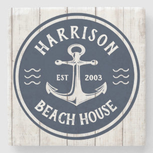 Navy White Anchor Nautical Family Name Beach House Stenen Onderzetter