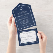 Navy White Anchor Nautical Wedding All In One Uitnodiging (Afscheurbaar)