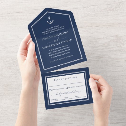 Navy White Anchor Nautical Wedding All In One Uitnodiging (Afscheurbaar)