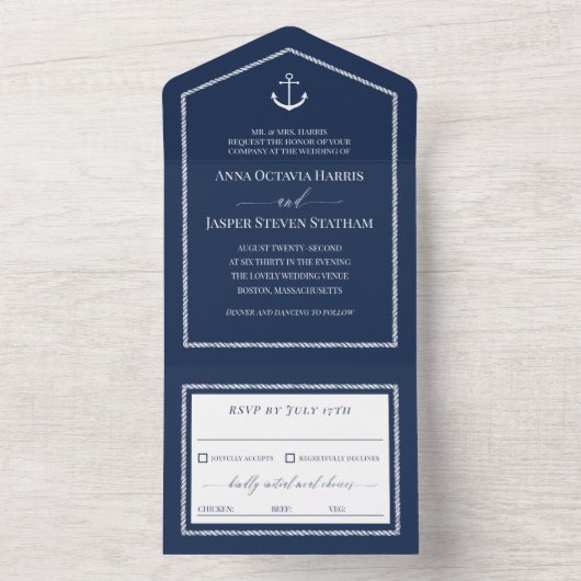 Navy White Anchor Nautical Wedding All In One Uitnodiging (Binnen)