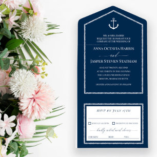 Navy White Anchor Nautical Wedding All In One Uitnodiging