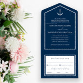 Navy White Anchor Nautical Wedding All In One Uitnodiging