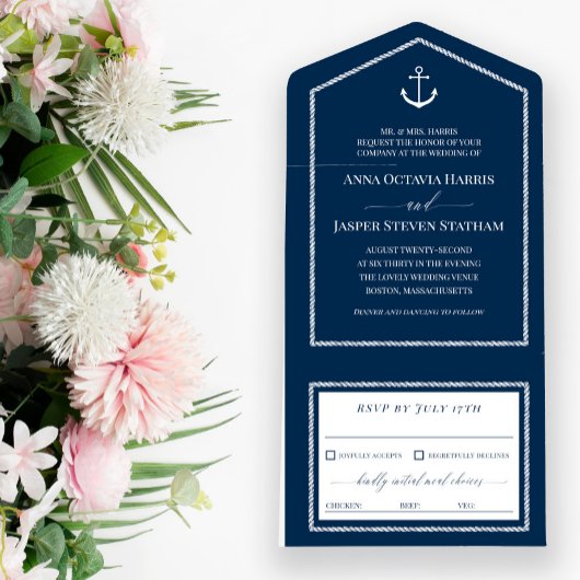 Navy White Anchor Nautical Wedding All In One Uitnodiging