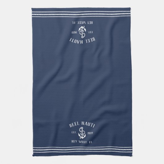 Navy & White Anchor Personalized Boat Name Theedoek (Verticaal)