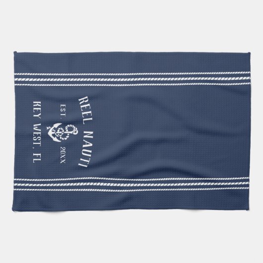 Navy & White Anchor Personalized Boat Name Theedoek (Horizontaal)