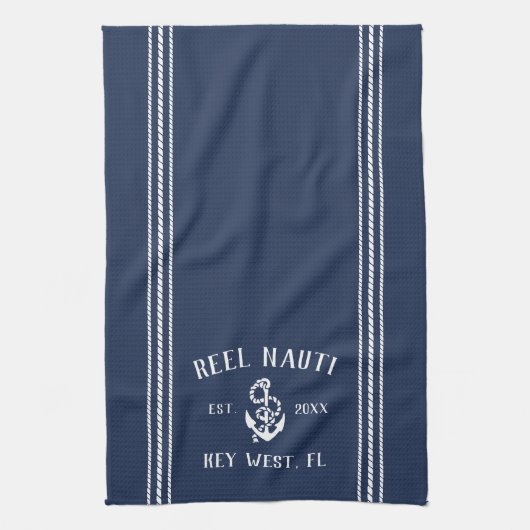 Navy & White Anchor Personalized Boat Name Theedoek (Verticaal)
